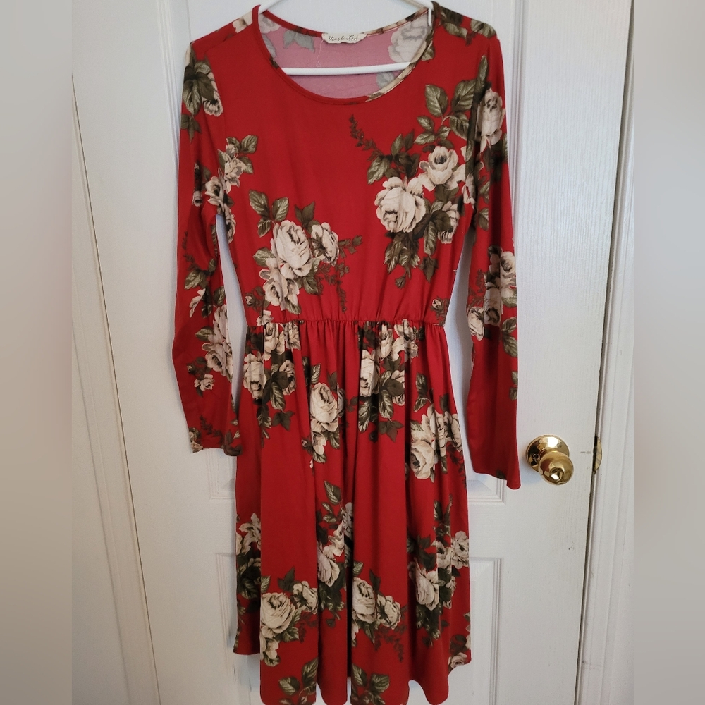 Red FLORAL Fit and Flare Long Sleeve Dress